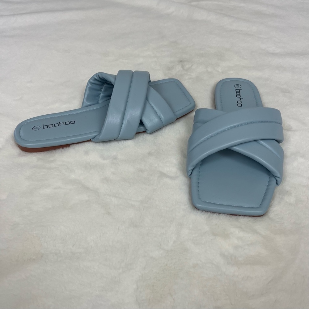 NWT BOOHOO WIDE WIDTH PADDED CRISS STRAP SLIDE SANDALS IN PASTEL BLUE SIZE 6 - Picture 8 of 15